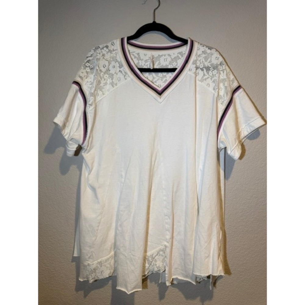 Free People Knockout White Lace Trim V-Neck Striped Ribbed Short Sleeve Top sz M